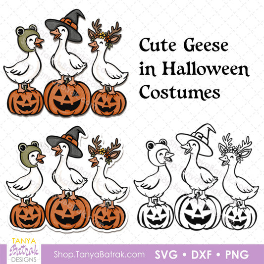 Cute Geese in Halloween Costumes SVG, PNG for Sublimation, Halloween Clipart for Kids