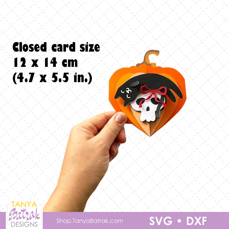 Halloween Pumpkin Heart Card with Skull and Cat