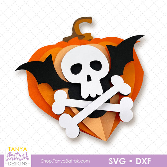 Halloween Pumpkin Heart Card with Skull and Crossbones