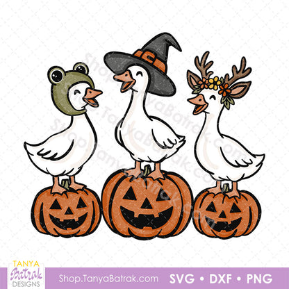 Cute Geese in Halloween Costumes SVG, PNG for Sublimation, Halloween Clipart for Kids