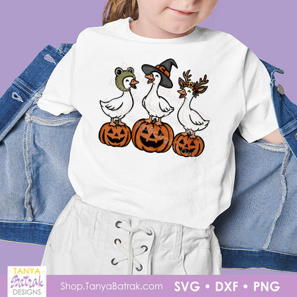 Cute Geese in Halloween Costumes SVG, PNG for Sublimation, Halloween Clipart for Kids