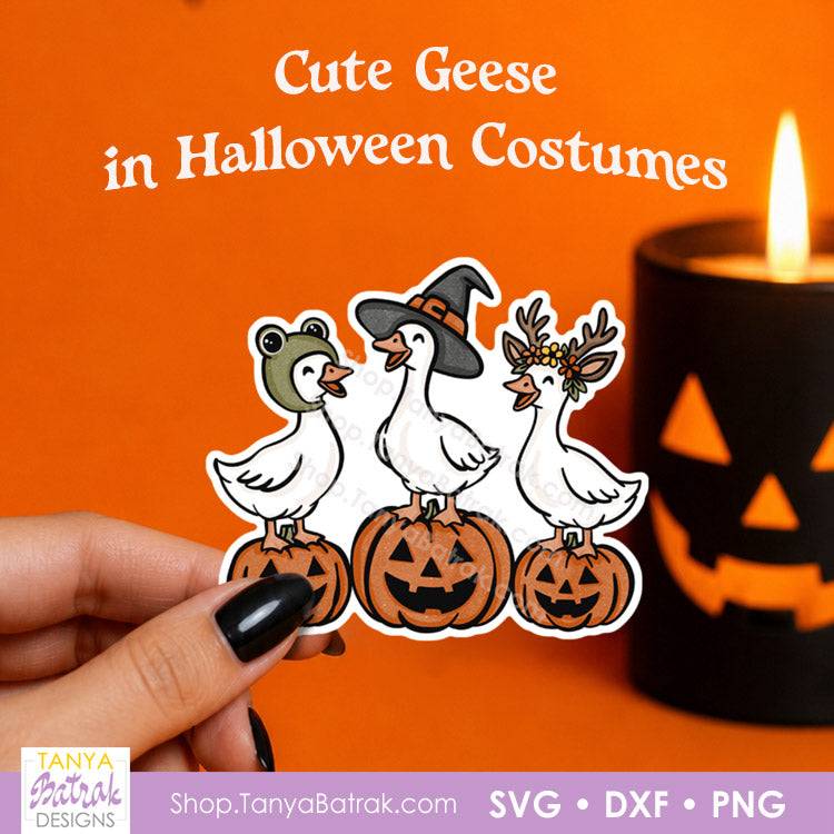 Cute Geese in Halloween Costumes SVG, PNG for Sublimation, Halloween Clipart for Kids