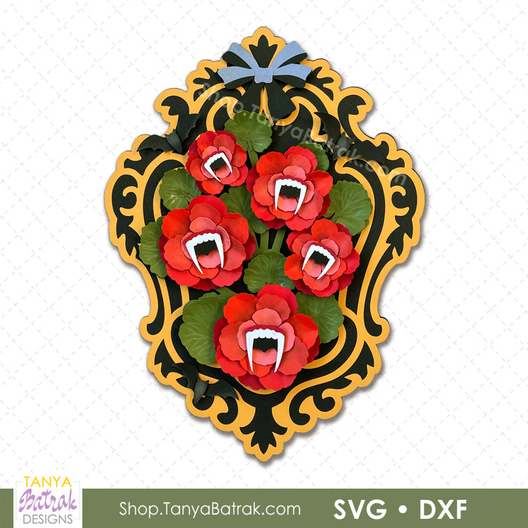 Halloween Vintage Frame with 3D Paper Geraniums