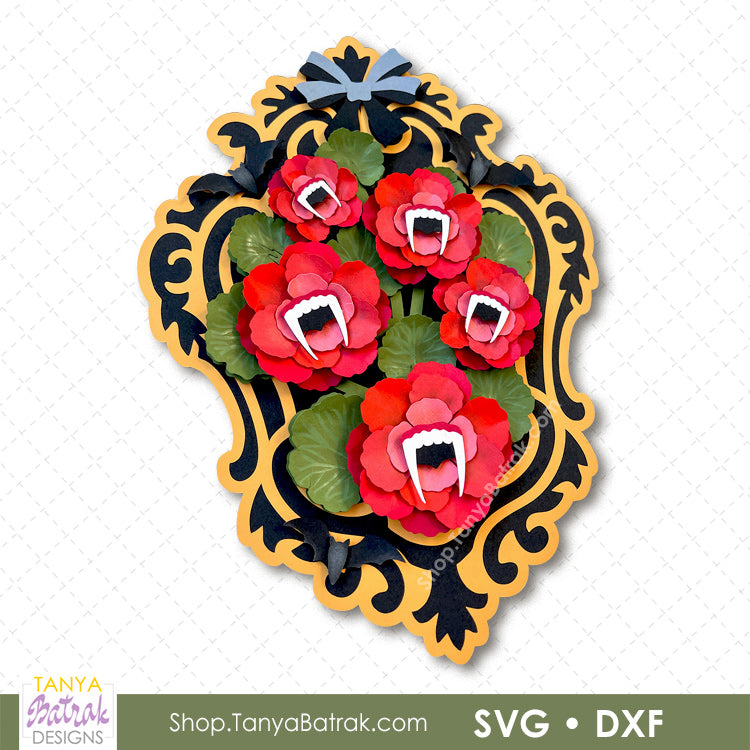 Halloween Vintage Frame with 3D Paper Geraniums