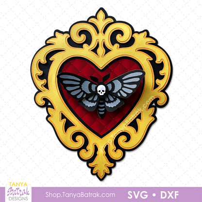 Halloween Vintage Heart-Shaped Frame with 3D Paper Moth