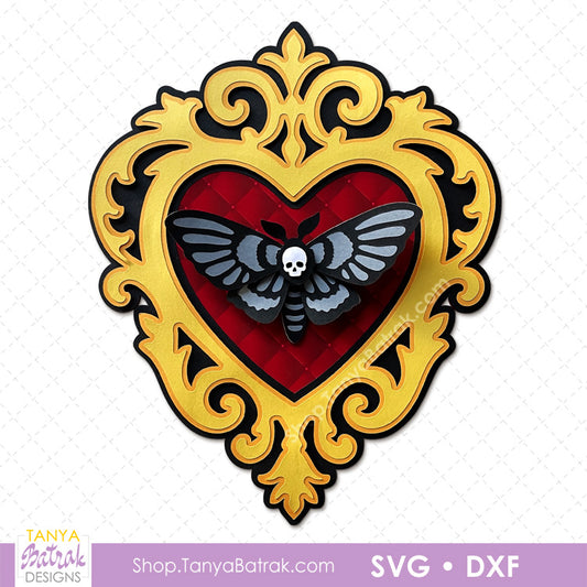Halloween Vintage Heart-Shaped Frame with 3D Paper Moth