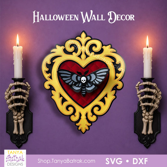 Halloween Vintage Heart-Shaped Frame with 3D Paper Moth