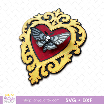 Halloween Vintage Heart-Shaped Frame with 3D Paper Moth