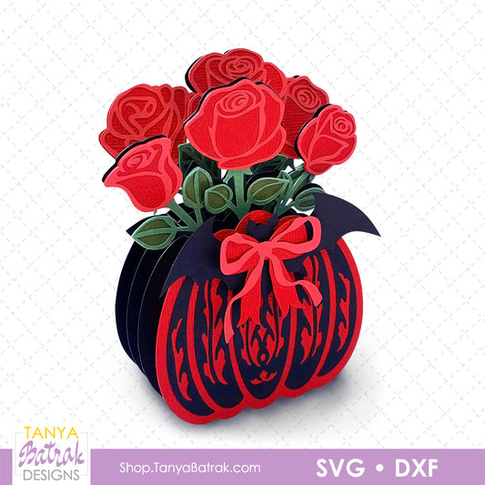 Pumpkin Box Card with Red Roses and Bat