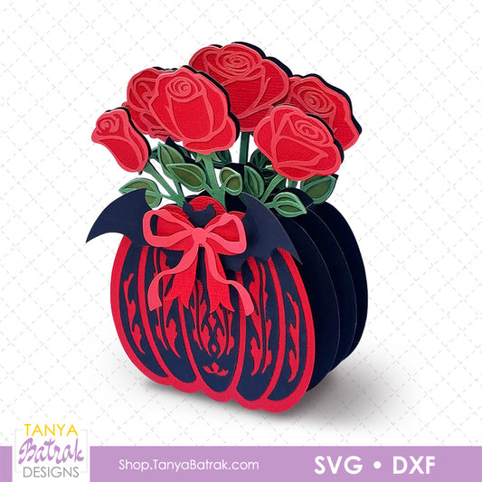 Pumpkin Box Card with Red Roses and Bat