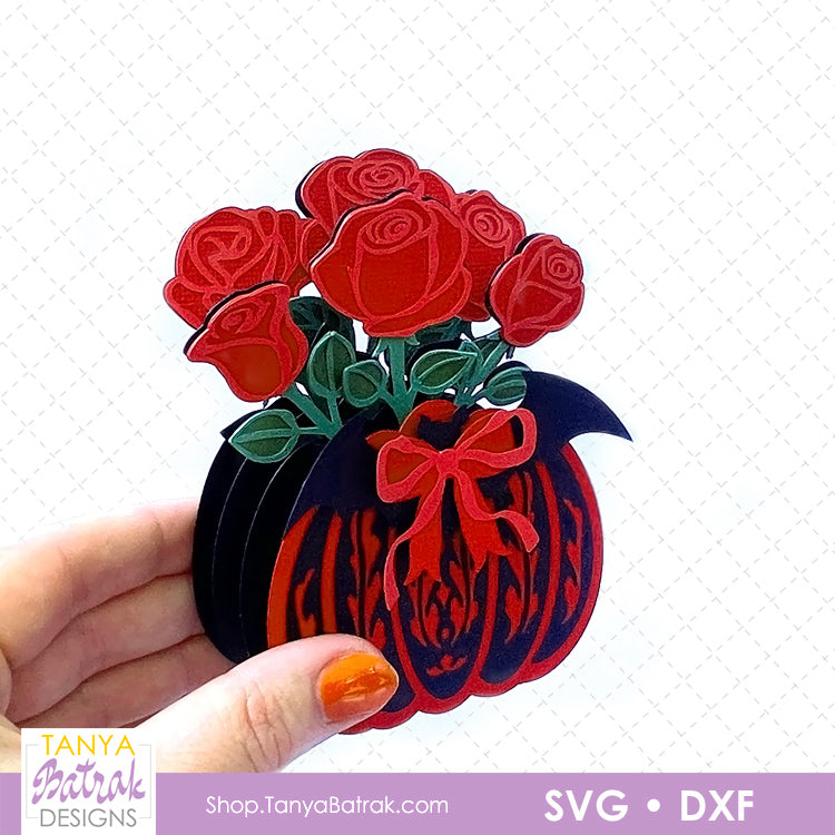 Pumpkin Box Card with Red Roses and Bat