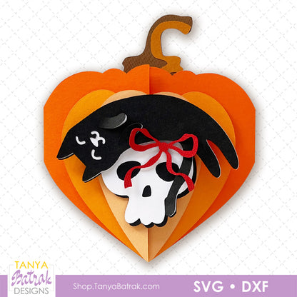 Halloween Pumpkin Heart Card with Skull and Cat