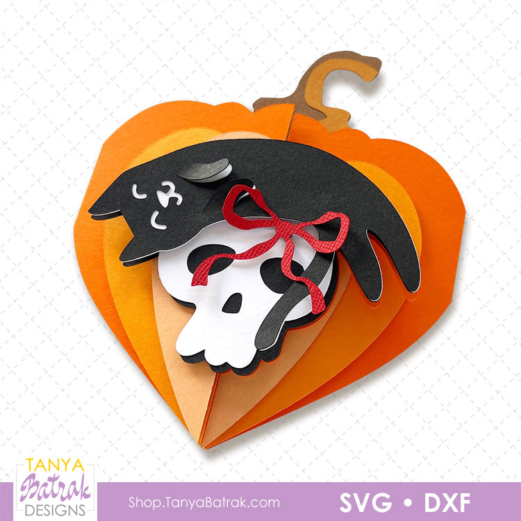 Halloween Pumpkin Heart Card with Skull and Cat