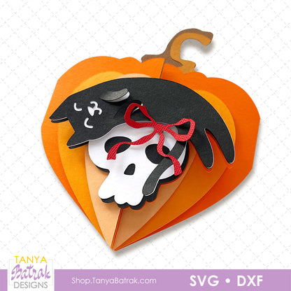 Halloween Pumpkin Heart Card with Skull and Cat