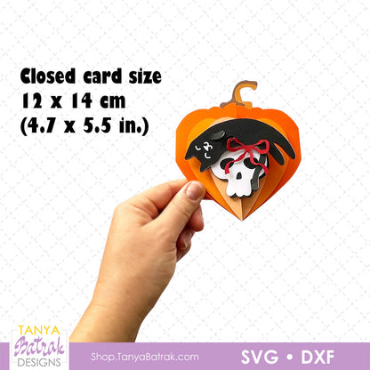 Halloween Pumpkin Heart Card with Skull and Cat