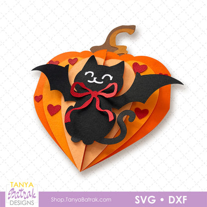 Halloween Pumpkin Heart Card with Cat